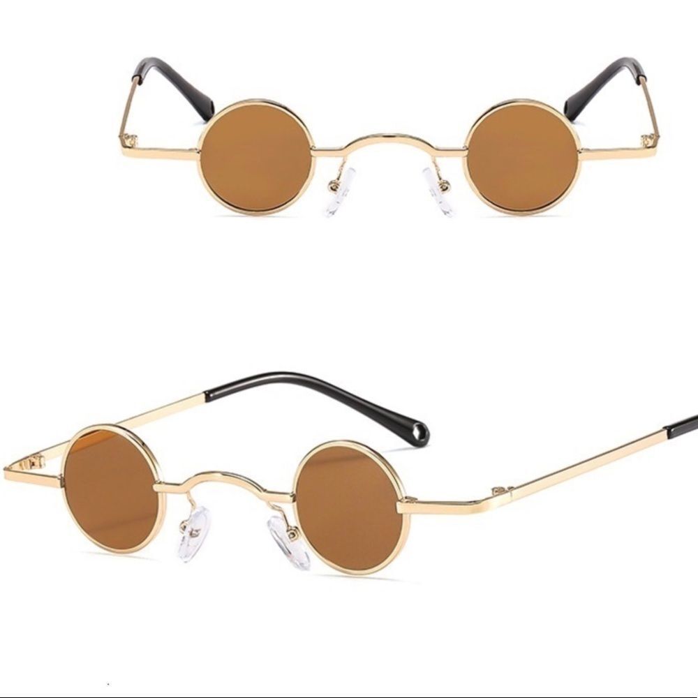 Brown Round Small Lens Gold Metal Frame Sunglasses Sunnies NEW